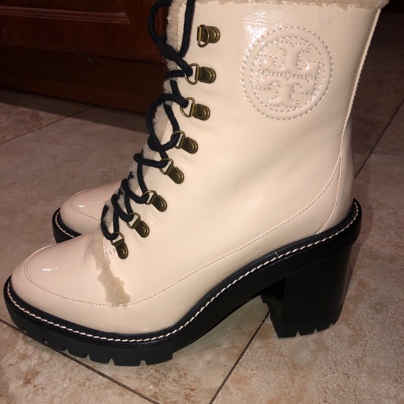 Tory Burch Miller 95mm Shearling Lug Sole Bootie Boots SPAIN Brie Leather Sz 9.5 - Picture 1 of 6